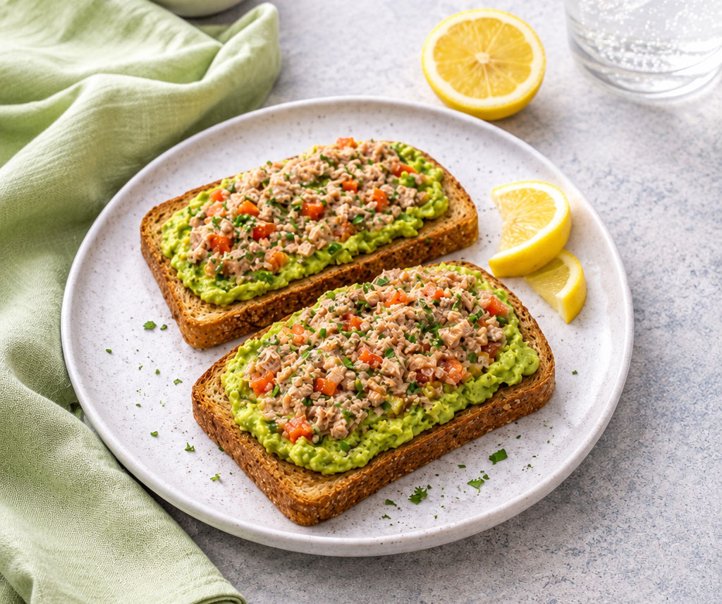 Tuna avocado toast with lemon