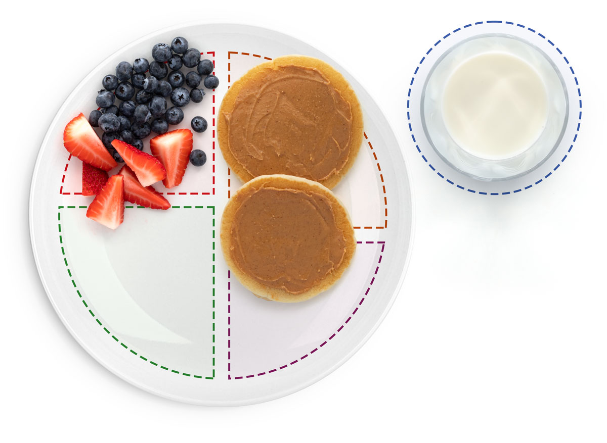 Minipanquecas com manteiga de amendoim, mirtilos e morango picado