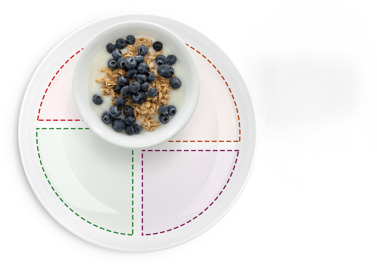 Iogurte com granola, mirtilos e leite